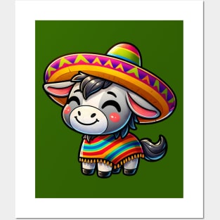 Cute donkey with sombrero Cinco De Mayo Posters and Art